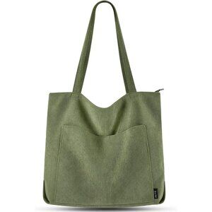 Women Green Corduroy Large Shoulder Tote Shopping Bag with Zipper and Pockets